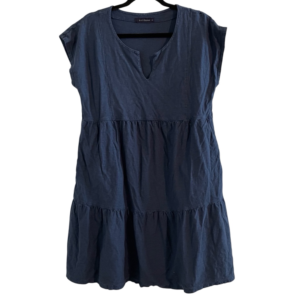 Cut Loose Navy Blue Tiered Dress Cotton Linen Blend Pockets Cap Sleeves Large